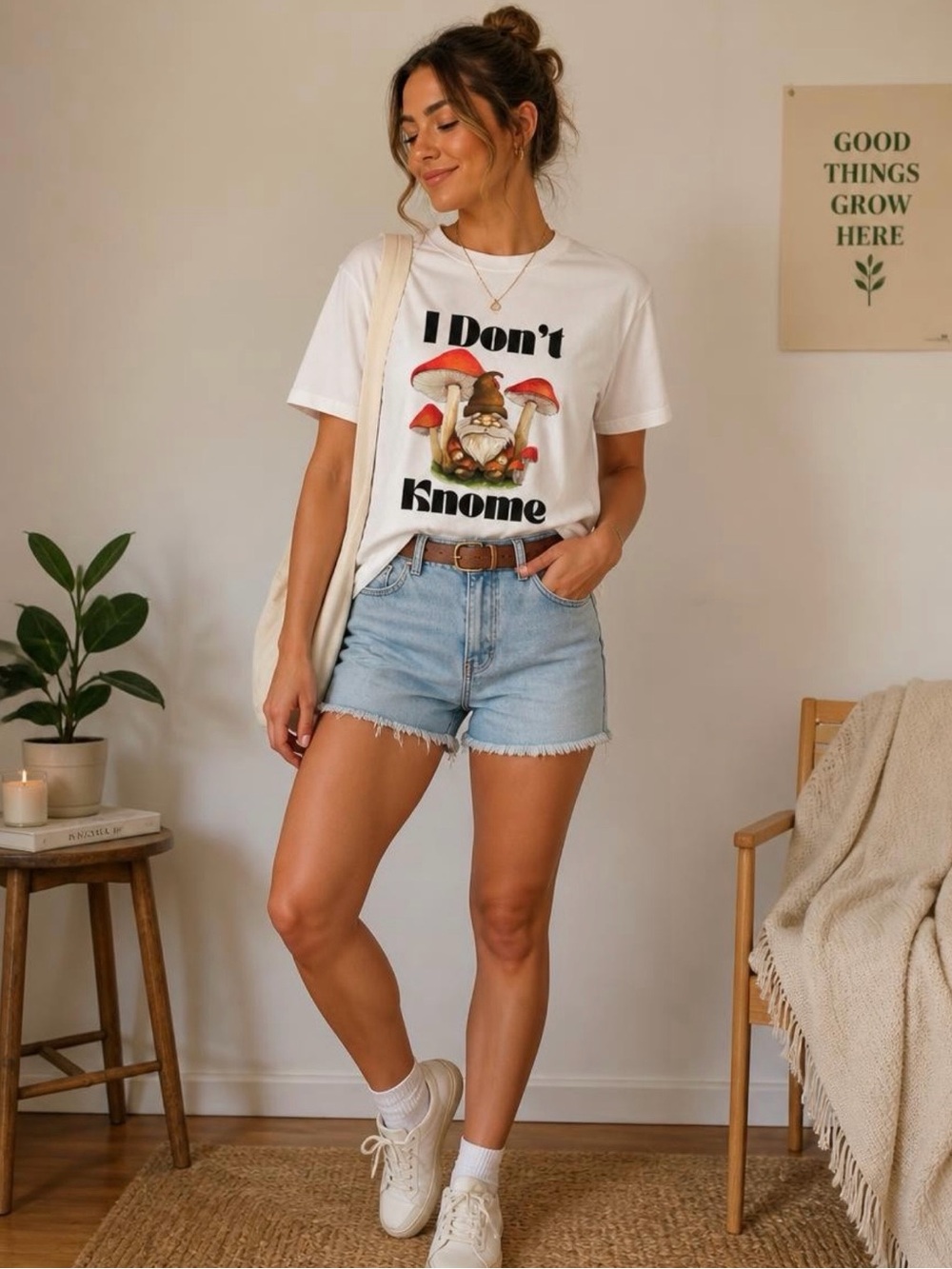 Bella Canvas White Tee with Red & Orange Mushroom Gnome Graphic